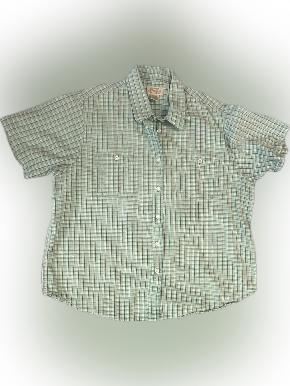 St. John's Bay Light Green Plaid Short-Sleeve Button-Down Shirt Top Blouse XL